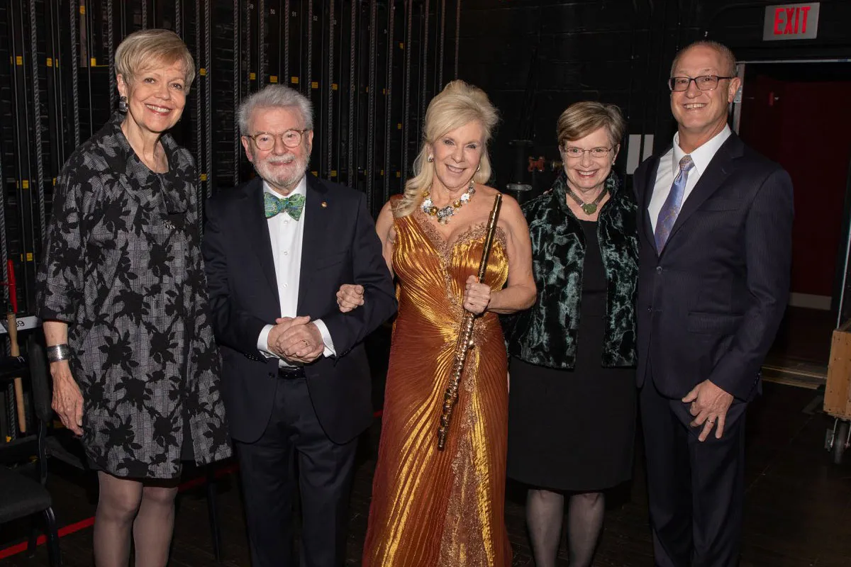 Sir James Galway, Lady Galway and Shelton Berg pose with Patsy Palmer and Dean Flowers